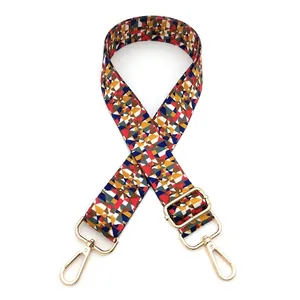 Detailed view of adjustable geometric pattern strap with golden metal swivel hooks