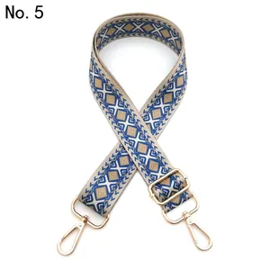 Detail of adjustable geometric jacquard bag strap with gold metal lobster clasps
