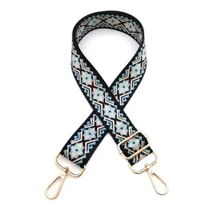 Close-up of geometric woven replacement strap with gold metal hooks for crossbody bags