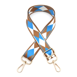 Adjustable wide replacement shoulder strap with blue and coffee geometric pattern