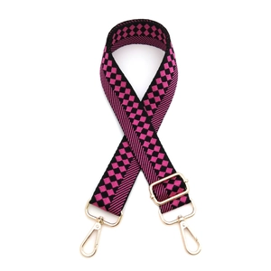 Pink and black woven wide guitar strap for bags with adjustable gold metal hardware