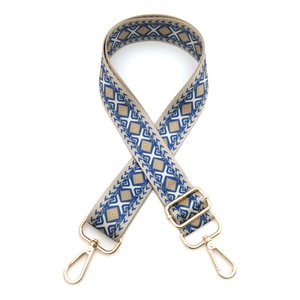Ethnic bohemian style wide woven replacement bag strap with blue geometric patterns