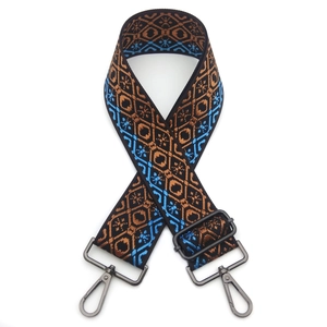 Ethnic woven wide shoulder strap for bags with blue and brown geometric patterns