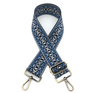 Ethnic style adjustable shoulder strap with retro blue geometric jacquard and bronze hooks