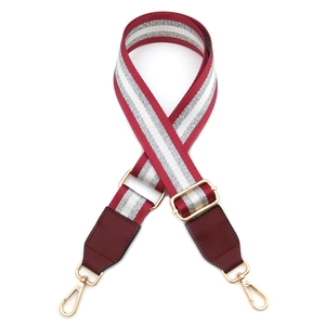 Detail of red and white striped bag strap with silver glitter and gold metal hardware