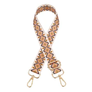 Detail of adjustable geometric ethnic style strap with golden metal swivel hooks