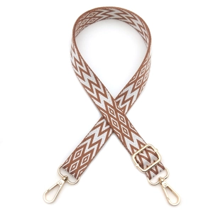 Adjustable 2.5cm wide woven bag strap with brown geometric pattern and gold clips
