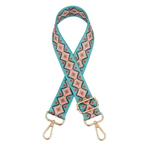 Detail of adjustable geometric ethnic strap with golden swivel clasps and teal diamond pattern