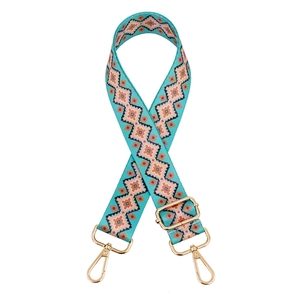 Ethno style woven bag strap in turquoise and pink with adjustable gold metal hooks
