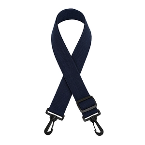 Detail of adjustable navy blue nylon bag strap with plastic swivel hooks and slider