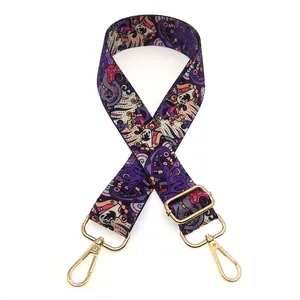 Ethnic printed bag strap with colorful patterns and golden metal swivel hooks
