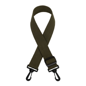 Detail of adjustable olive green nylon shoulder strap with black plastic swivel hooks