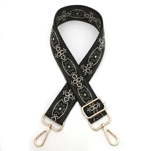 Close-up of ethnic embroidery bag strap with green pattern and golden metal hardware