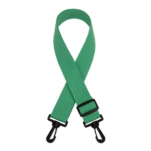 Close-up of grass green woven nylon strap with plastic swivel hooks and adjustable buckle