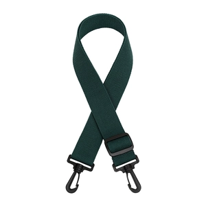 Detail of adjustable dark green woven bag strap with black plastic swivel hooks