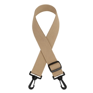 Macro view of adjustable khaki canvas bag strap with black plastic swivel hooks