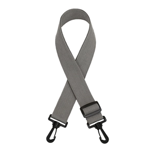 Close-up of adjustable grey nylon shoulder strap with durable black plastic swivel hooks