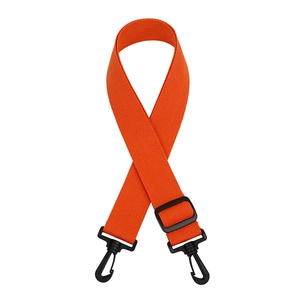 Close-up of adjustable orange nylon shoulder strap with black plastic swivel hooks
