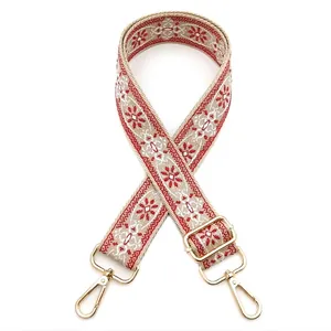 Close-up of ethnic style embroidered bag strap with floral pattern and gold metal hardware