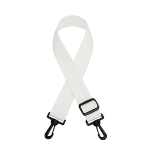 Detail of adjustable white canvas strap with black rotating plastic hooks for bags