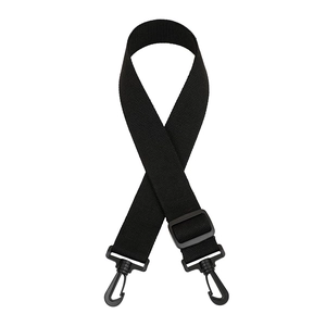 Close-up of adjustable black nylon strap with plastic swivel hooks and slider buckle