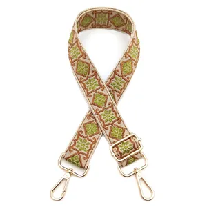 Close-up of ethnic geometric diamond pattern adjustable woven shoulder bag strap
