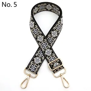 Macro view of adjustable woven shoulder strap with geometric ethnic embroidery
