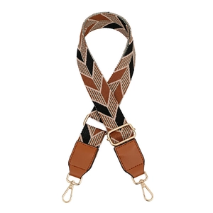 Detail of adjustable geometric weave strap with golden metal swivel hooks and leather ends