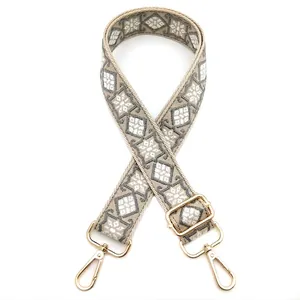 Detail of vintage geometric embroidery on adjustable strap with gold metal lobster clasps