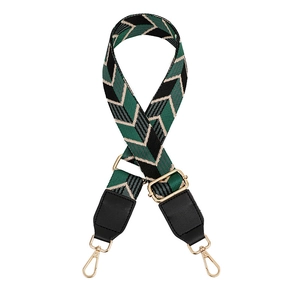 Adjustable leaf pattern handbag strap with green and beige geometric woven design