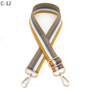 Detail of colorful striped woven shoulder strap with gold metal buckles and lobster clasp