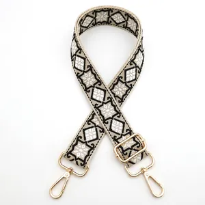Close-up of geometric jacquard adjustable bag strap with light gold metal hardware