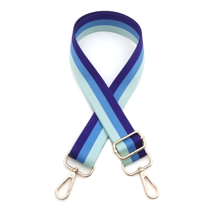 Adjustable blue striped nylon strap with gold hardware for crossbody bags and handbags
