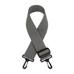 Detail of durable grey nylon bag strap with adjustable plastic buckle and swivel hooks