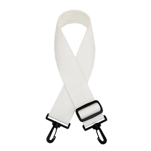 Detail of adjustable white canvas strap with durable black plastic rotating snap hooks
