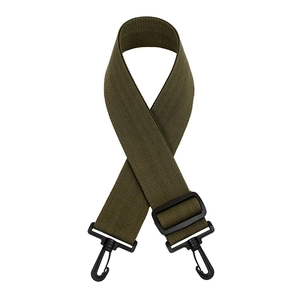 Detail view of olive green nylon bag strap with durable black plastic rotating swivel hooks