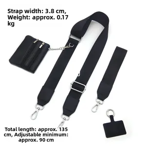 Adjustable black nylon shoulder strap with a detachable small zipper pouch and metal hooks