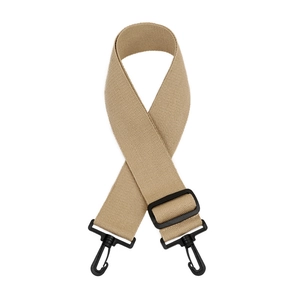 Close-up of khaki nylon shoulder strap with diagonal twill texture and black plastic hooks