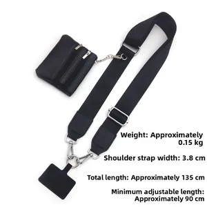 Adjustable black nylon shoulder strap with small zipper pouch and metal hook details