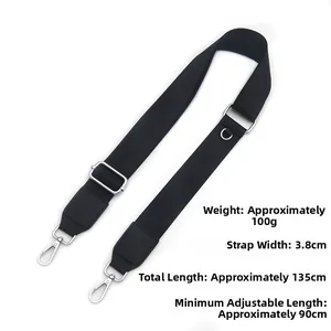 Adjustable black 3.8cm crossbody strap with silver metal hooks and 90-135cm length spec