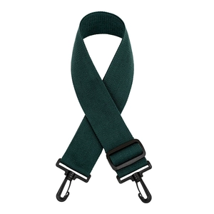 Detail of dark green adjustable canvas shoulder strap with black rotatable plastic clips