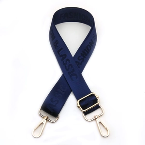 Detail of navy nylon shoulder strap with Fashion and Classic lettering and gold metal clips