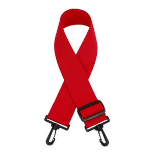 Close-up of durable red nylon shoulder strap with black plastic swivel hook and slider
