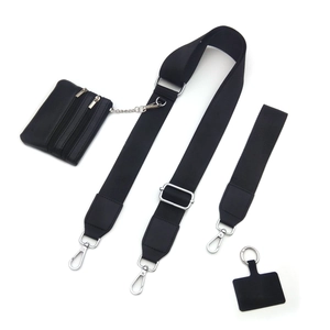 Adjustable black nylon shoulder strap with leather coin purse and silver metal hooks