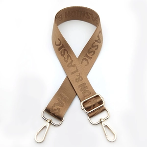 Detail of adjustable nylon strap with Fashion & Classic lettering and gold metal hooks
