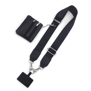 Multifunctional black adjustable phone strap with leather coin purse and silver metal hooks