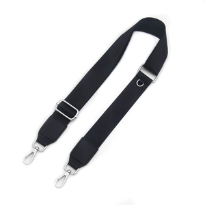 Adjustable black nylon shoulder strap with silver metal lobster clasps and D-ring detail