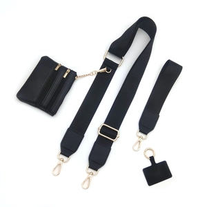 Adjustable crossbody phone strap set with black leather pouch and gold hardware