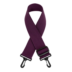 Detail of deep purple nylon bag strap with black plastic swivel hooks and adjuster