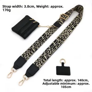 Adjustable leopard print bag strap with coin purse and dimensions shown, 3.8cm width